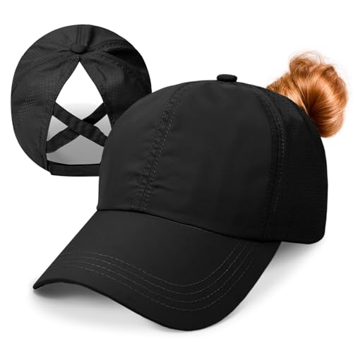 Baseball Cap Damen Kappe Sommer Basecap Pferdeschwanz, Verstellbar Frauen Ponytail Cap Baseballmütze Mesh Atmungsaktiv Sonnenhut Freizeit Kappe mit Zopfloch Outdoor Sports Kreuz Schwarz