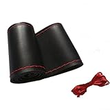 Leder Auto Lenkradbezug 37-38cm DIY Hand Nähen Kit mit Nadeln und Faden Schwarz mit roter Naht für rutschfesten, komfortablen Griff und atmungsaktive Leistung