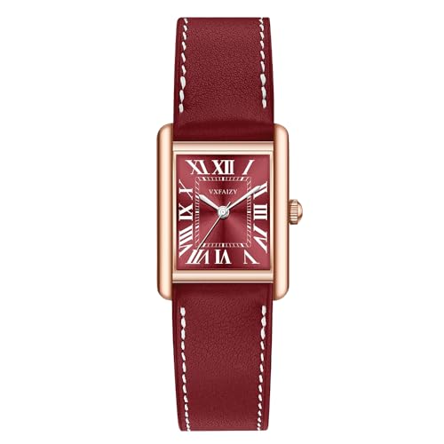 VXFAIZY Reloj Mujer Rectangular Números Romanos Vintage Correa Cuero(Rojo Oro Rosa)