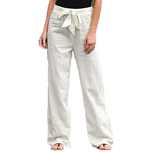 Maiyifu-GJ Women Floral Print Linen Belted Pants Elastic High Waist Printed Hippie Trousers Casual Beach Wide Leg Lounge Pant (White 2,3X-Large)
