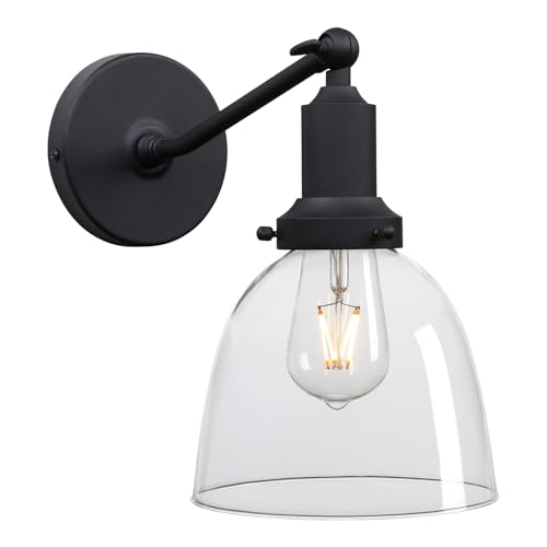 Image of PERMO Industrial Sconces Slope Pole Sconce with 6.7 inch Oval Dome Clear Glass Shade Matte Black Wall Sconce Wall Mount Light Fixture for Bathroom Bedroom Entryway Home Office Kitchen