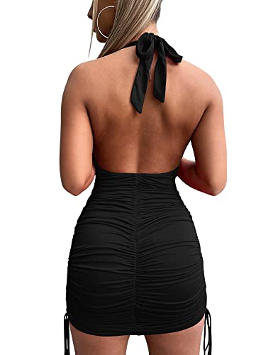 HOCILLE Women's Sexy Halter Bodycon V Neck Backless Ruched Drawstring Mini Club Party Dresses2