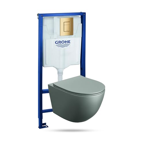 Lavita Vorwandelement Solido + Wand Hänge WC Sinto Grau Spülrandlos + WC Sitz mit Absenkautomatik Goldener Knopf Komplettset Unterputz Spülkasten Toilette Komplett Sett WC