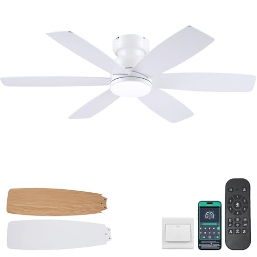 Kviflon Ventilateur de plafond 117 cm avec lumière, télécommande et APP, bas profil encastrable, 3 températures de couleur, 6 pales réversibles 6...