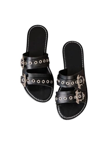 GORGLITTER Women's Buckle Leather Flats Sandals Dressy Double Strap Punk Open Toe Summer Beach Vacation Slides Sandals Black 9