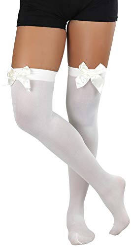 Image of ToBeInStyle Women's Opaque Long Thigh High Stockings w /Decorative Front Satin Bow