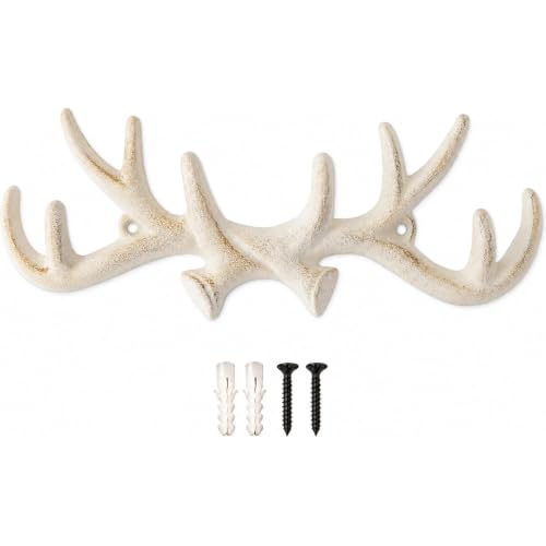 Comfify Antique White Cast Iron Deer Antler Coat Rack – Key Hanger | Not real antlers; 12.4"L x 4.72"H; farmhouse lodge decor; keys, bags, lanyards; hardware included