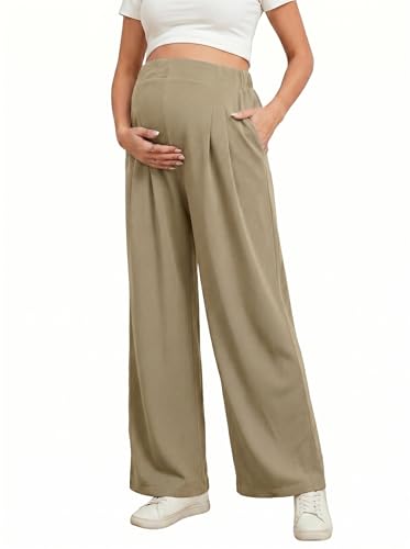 BLENCOT Women's Maternity Pants Wide Leg Pleated Adjustable High Waist Waffle Work Trousers Spring Activewear Elastic Solid Color Baggy Pregnancy Clothes Long Pants Large Jungle Green