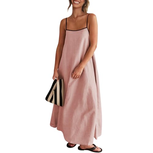 Image of Senllen Women's Linen Dress Summer Loose Flowy Sundress Contrast Spaghetti Strap Sleeveless Backless Beach Maxi Long Dresses