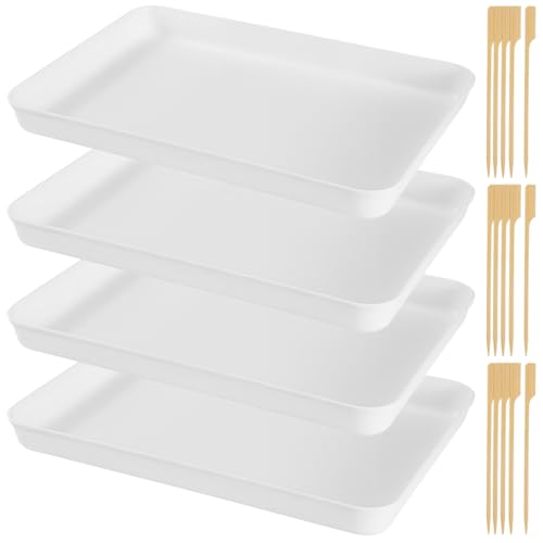 LANSKYLAN 4 Stück Serviertablett Kunststoff Rechteckig 38x26.5cm Servierplatten groß mit 400 Holzspießen Wiederverwendbare Frühstückstablett küchentablett für Party Buffet Snacks Fingerfood Picknicks