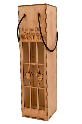 Wine Jail Gift Box (Pecan Stained) Hilarious Hostess Gift Fits 750ml Bottle Laser Cut Baltic Birch Box Housewarming or Holiday Wine Packaging Handmade Clever Wood Carrier