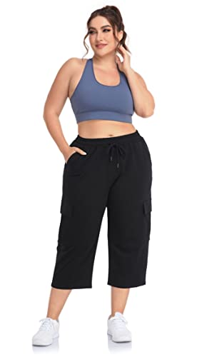 Zerdocean Women's Plus Size Cargo Capri Sweatpants Active Workout Casual Sweat Crop Pants Pockets Drawstring Black 5X #TOP4