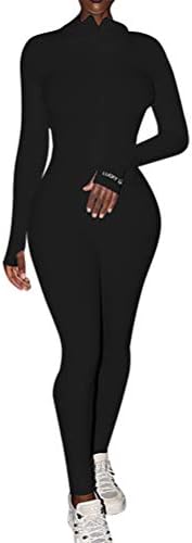 ECHOINE Womens One Piece Bodycon Jumpsuit -Sexy Long Sleeve High Waist Embroidery Zipper Romper Clubwear Black