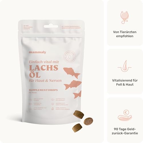 Lachsöl Drops für Hunde - 60 Leckerli (110g) von mammaly - Mit Lachs, Vitamin D & Omega 3 für Haut und Fell/Skin & Coat, Fellpflege & Hautpflege - Kann bei Haarausfall unterstützen für deinen Hund