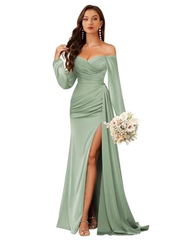 Satin Long Sleeve Bridesmaid Dresses with Split Mermaid Prom Dress Off Shoulder Formal Party Gowns NSY0243