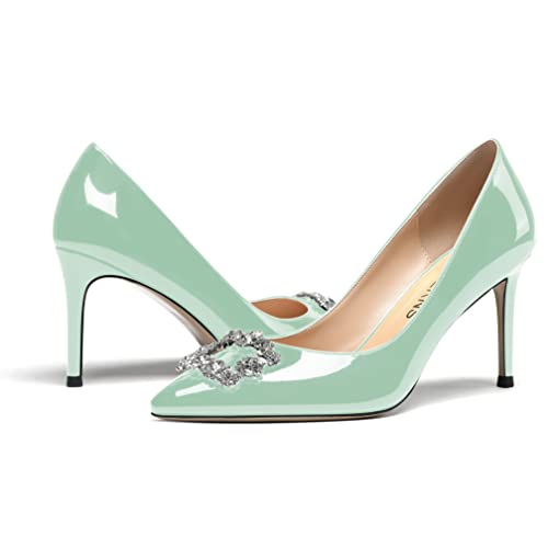 WAYDERNS Women's Patent Slip On Crystal Buckle Pointed Toe Crystal Rhinestone Stiletto High Heel Pumps Shoes 3.5 Inch 6