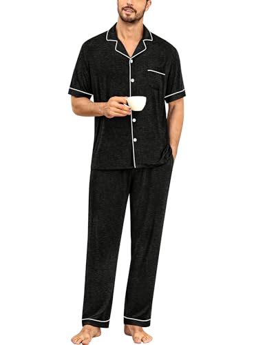 SWOMOG Men Pajamas Set Two Pieces Short Sleeve Sleepwear Button Down Loungewear Set Soft Modal Pj Set with Pockets2
