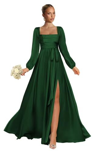 Satin Bridesmaid Dresses with Slit Long Sleeve Square Neck A Line Maxi Formal Dress OE67