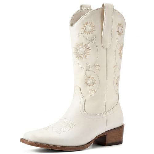 Image of Cowboy Boots for Women - Mid Calf Western Sunflower Cowgirl Boots with Floral Embroidery, Square Toe Stitched Pull On Retro Design, Perfect for Country Idyll, Concerts and More