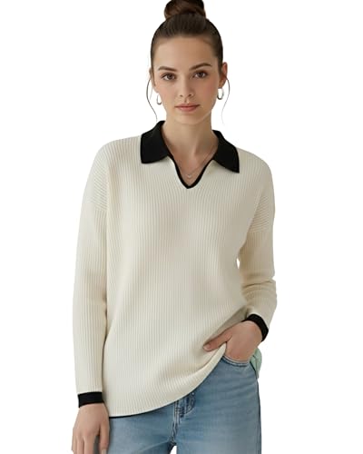 Image of Women's Slim-Fit V-Neck Top with Contrast Collar - High Elasticity Versatile Outfits, Everyday Fashion