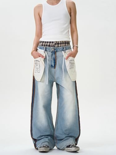 GUOYUXIAO Men's Jeans American Retro Denim Pants with Wide-Leg Casual Straight-Leg Trouser for Men4