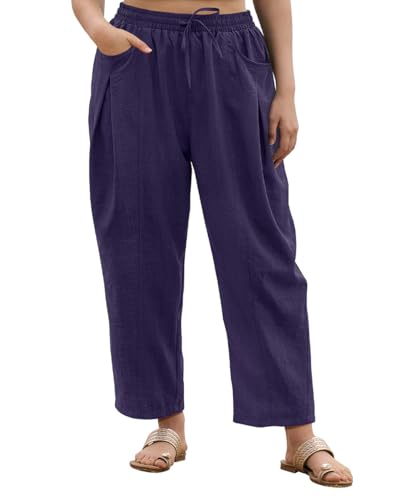 RITERA Plus Size Pants for Curvy Women Summer Palazzo Pants Dark Blue Wide Leg Drawstring Beach Flowy Harem Trousers Womens Casual Barrel Leg Pant Spring Vacation Lounge Pant with Pockets 2XL 18W 20W