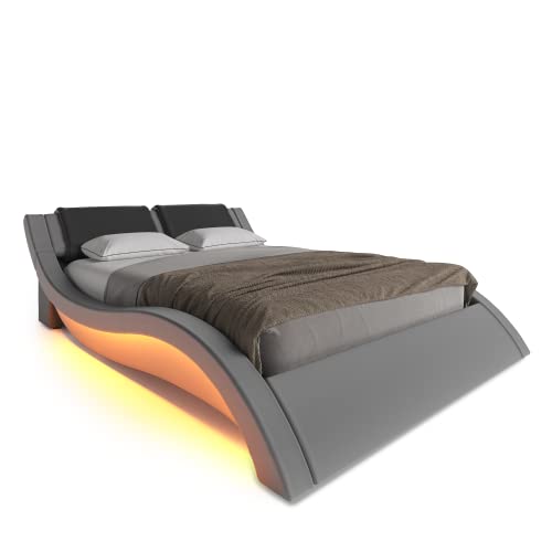 ZTOZZ Milan Wave Like Led Bed Frame King Size - Contemporary Modern Curved PU Upholstered Platform Bed with Designer Led Lights Headboard - Light Gray+Gray Color
