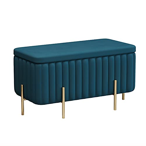 Banco de almacenamiento de terciopelo, lujoso taburete azul pavo real, reposapiés tapizado contemporáneo con patas de metal, perfecto para dormitorio y tocador, 70 x 45 x 42 cm