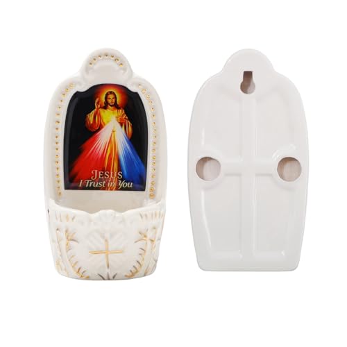 Image of KOMI Porcelain Divine Mercy Jesus Catholic Holy Water Font for Entrance of Home Church Wall Hanging Decor Religious Christian Gift Jesus I Trust in You Holy Water Holder
