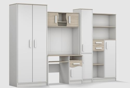 Easy4You Jugendzimmer Möbelset Komplettset Kinder Modernes Design B:300 cm H: 197 cm T: 52 cm Stilvolle Möbelkombination Schreibtisch Kleiderschrank Regalen Holzgriffe: Weiß