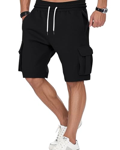 A WATERWANG Mens Cargo Sweat Shorts Casual Drawstring Elastic Waist Workout Athletic Jogger Gym Shorts with 5 Pockets Black L