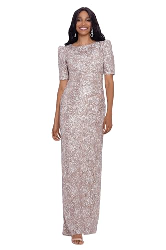 Xscape Women's Long Lace Sequin Side Ruched Dress (Reg and Petite), Sand, 14P