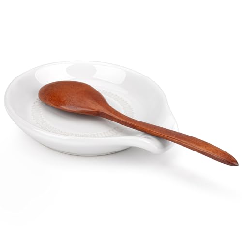 HONZUEN Poggiamestolo Ceramica per Cucina,Piccolo Porta Utensili da Cucina per Cucchiaio,Poggia Cucchiaio Porcellana Lavabile in Lavastoviglie Poggia Posate per Mestoli Pinze Spatola(Bianco)