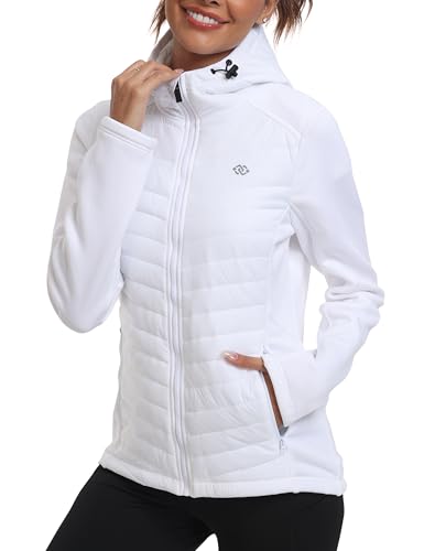 MoFiz Women's Hooded Jackets Lightweight Packable Quilted Padded Jacket Warm Transitional Hybrid Puffer Jacket with Zip Pockets White Size US 2XL
