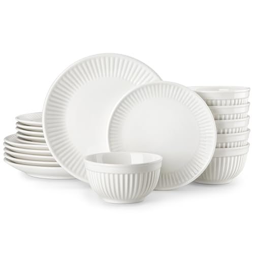 MALACASA 18-Piece Embossed Porcelain Dinner Set for 6, Includes Dinner Plates & Soup Bowls, Chip and Scratch Resistant, Microwave and Dishwasher Safe, Elegant White, Series Leila