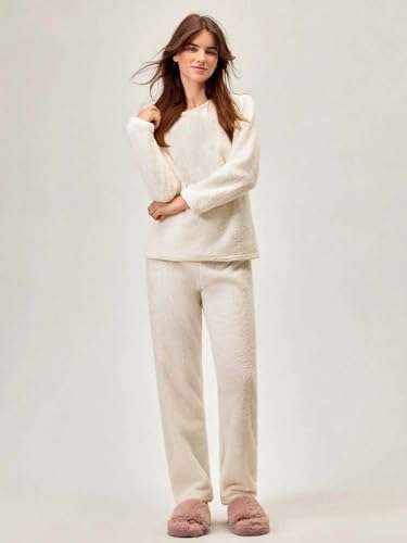 Image of KOTTY Girls White Winter Set Warm Fleece Cozy Full Sleeve Top and Pant Set