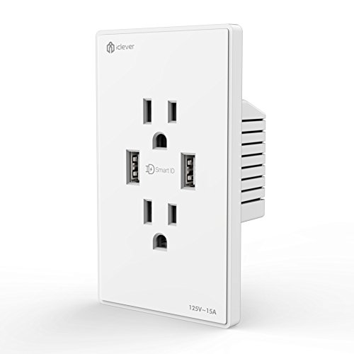 [Smart & Secure] iClever 15 Amp 125 Volt Wall Outlet Duplex Receptacle, 4.2A Dual USB Charger Ports with SmartID Technology, White(1-Pack)