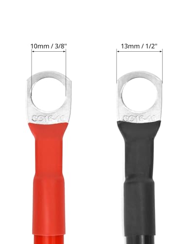 QWORK® 2 szt. Kabel akumulatora samochodowego 5 AWG 16 mm², 100 cm 12 V Kable akumulatora z pierścieniem zaciskowym M10 do pojazdów i instalacji solarnych