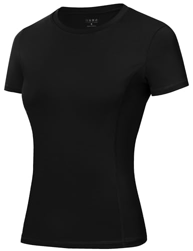 Roadbox Womens Compression Shirt Slim Fit Short Sleeve Athletic Top Workout Undershirt for Gym and Yoga Black