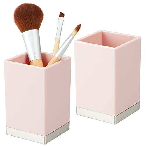 mDesign Modern Square Tumbler Cup for Bathroom Vanity Countertops - for Mouthwash/Mouth Rinse, Storing and Organizing Makeup Brushes, Eye Liners, Accessories - Slim Design, 2 Pack - Light Pink/Brushed