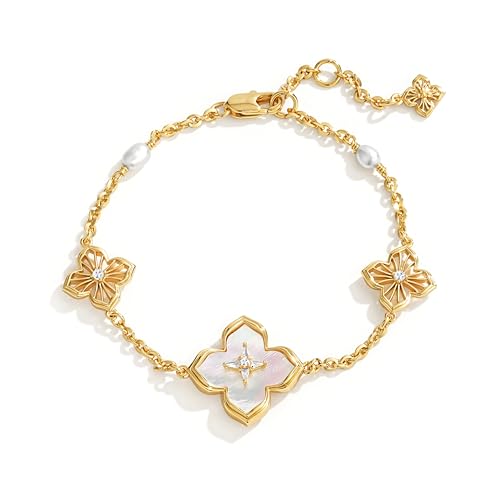Fettero Gold Bracelets for Women Pearl Clover Charm Bracelet 14K Gold Plated 2 Sided Four Leaf Flower Dainty Chain Clover Bracelet Jewelry