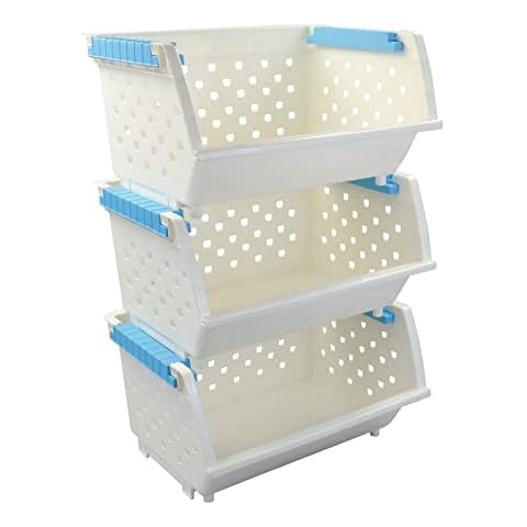 Sosody 3-Pack Plastic Stackable Storage Baskets, Kitchen Stacking Baskets Cover