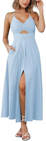 BTFBM Women 2026 Spaghetti Strap Midi Summer Dresses Sleeveless V Neck Cutout Slit Casual Beach Party Maxi Dress Pockets