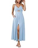 BTFBM Women 2025 Summer Spaghetti Strap Midi Dress Sleeveless V Neck Cutout Slit Casual Beach Party Maxi Dresses Pockets(Light Blue, Medium)