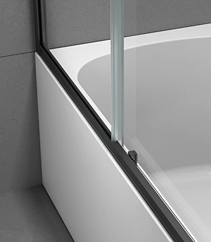 Sunrosa Semi-Frameless Glass Shower Door 59"×60", Single Sliding Shower Door With Handle, Bathtub Shower Door With Tempered Glass, Aluminum Shower Door For Bathtub In Matte Black #TOP3