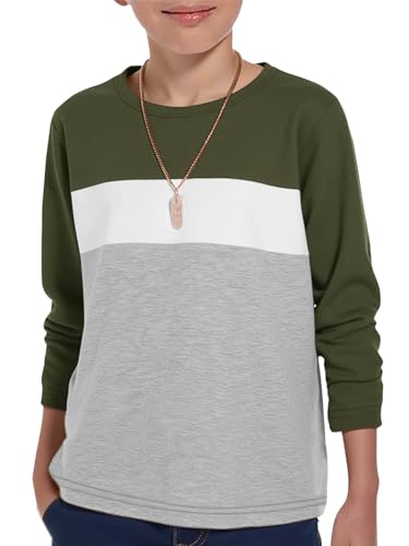 Haloumoning Boys Long Sleeve Shirts Kids Fashion Fall Tops Crewneck Color Block Tees 5-14Y Army Green