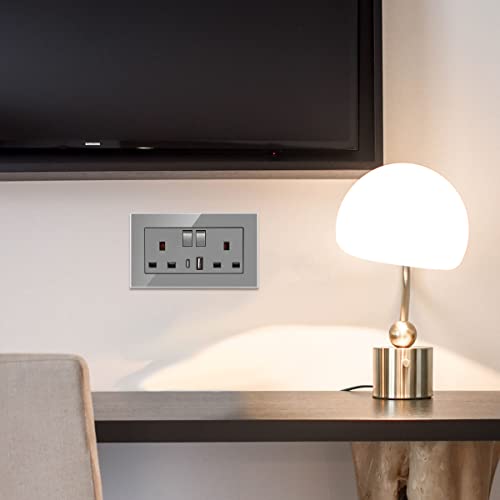 5 Pack CNBINGO Glass Double Switched Socket with USB-A and Type-C Charging Ports, Grey Tempered Glass Panel Wall Outlet, 2 Gang 13 Amp Electric Power Socket 5 Pack CNBINGO Glass Double Switched Socket with USB-A and Type-C Charging Ports, Grey Tempered Glass Panel Wall Outlet, 2 Gang 13 Amp Electric Power Socket