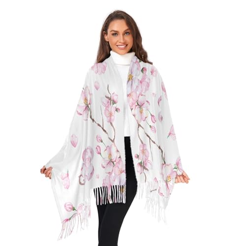 OTVEE Women's Fashion Beautiful Pink Cherry Blossom Scarves for Winter,Long Scarves for Women with Fringe,Super Soft Cashmere Feel Scarf Wraps and Pashminas for Women Ladies Girls