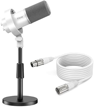 FIFINE Studio Dynamic Microphone with Adjustable Desktop Mic Stand & XLR Cable Kit, XLR/USB Microphone with Tap-to-Mute, Volume Controls, Metal Build, Table Mic Stand for Streaming-K688W+BS1+L9W