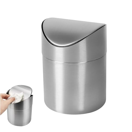 ERFGT Papelera de Mesa de Acero Inoxidable, Mini Basura de la Encimera con Tapa Abatible, Cubo de Basura Plateado, Papelera Mini de Sobremesa, para Escritorios, Baños, Cocinas y Coches (16.5x12CM)